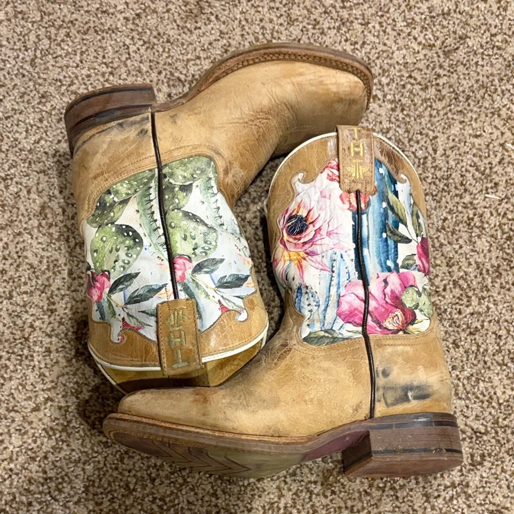 Tin Haul Tan Leather Western Heeled Boots with Floral Shaft